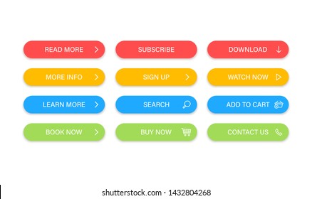 Big collection buttons Read More, learn more, download, subscribe, buy now, sign up, search, conatact us. Different colorful button set. Web icons. Vector illustration.