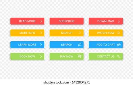 Big collection buttons Read More, learn more, download, subscribe, buy now, sign up, search, conatact us. Different colorful button set. Web icons. Vector illustration.