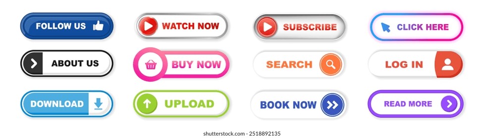 Big collection buttons. Web buttons collection with shadow. Set of app buttons template in a flat design. Downloads, Read more, Book now, Click here