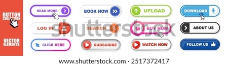 Big collection buttons. Web buttons collection with shadow. Set of app buttons template in a flat design. Downloads, Read more, Book now, Click here