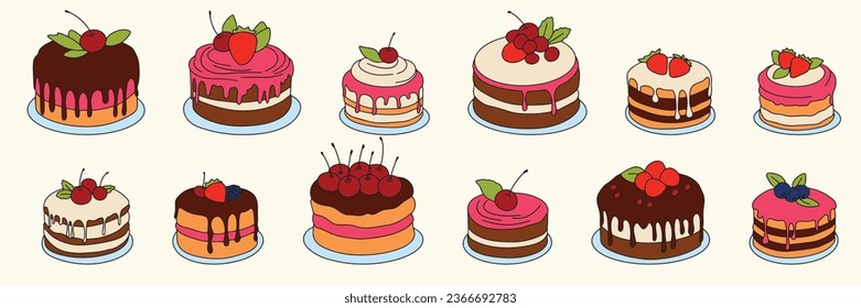Big collection of cakes colored outline. Cake in doodle style isolated on white background. Hand drawn cake on plate. Vector illustration.