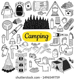 Big collection of camping and hiking elements. Hand drawn sketch isolated on a white. Vintage vector engraving illustration for poster, web.
