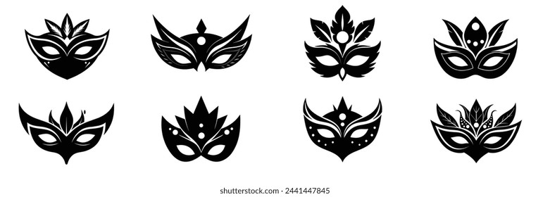 Big collection of carnival mask silhouettes. Hand drawn vector art.
