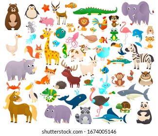 Big collection cartoon animals: sea animals, wild animals, woodland animals. 