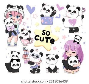 Big collection with cartoon anime girls and panda toys. Vector illustration for a t-shirt on a white background. Birthday concept