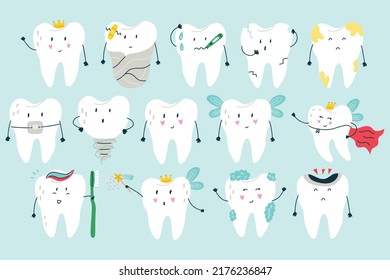 Big Collection Of Cartoon Characters White Fairy Healthy And Painful Teeth With Different Emotions In Blue Isolated Background. Vector Flat Medicine Cartoon Character For Children Design