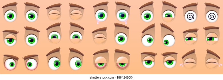 Big collection of cartoon eyes isolated on beige background. Expressions with different emotions, crying eyes, laughing, angry and cute winking eyes. Vector illustration