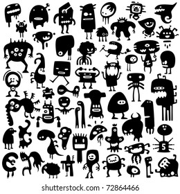 Big collection of cartoon funny monsters silhouettes