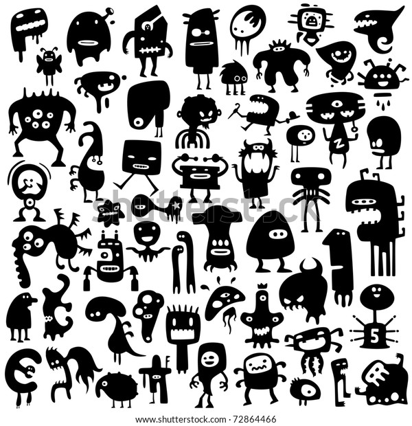 Big Collection Cartoon Funny Monsters Silhouettes Stock Vector (Royalty ...