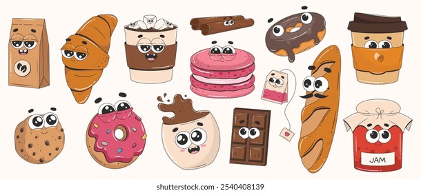 Grande coleção de personagens de desenho animado groovy comida e bebida. Bonito conjunto de sobremesas retro. Rosca, chocolate, café, croissant, biscoito, macarrão, baguete, geleia. Adesivos estilo dos anos 70 e 80. 