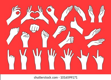 big collection cartoon hand shape like gesture. concept of stop help, right or left position, animated number one, two, three, four, five, zero. ley line logo emoji comic art design isolated on red