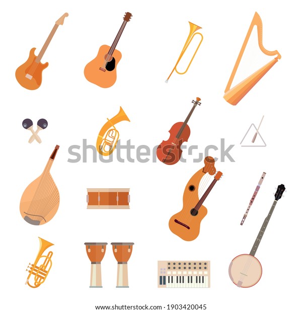 Big collection of cartoon music instruments.\
Vector illustration