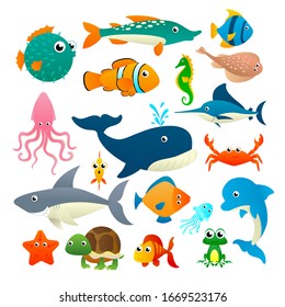 Big Collection Cartoon Sea Animals Isolated On White Background