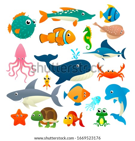 Big collection cartoon sea animals isolated on white background