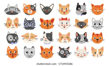 Gran colección de caras de gato con emociones. Graciosa y linda ilustración vectorial aislada en fondo blanco para afiches, banner, web, diseño