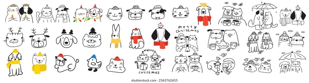 Big collection of cats and dogs. Autumn and winter seasons. Outline vector icons on white background.