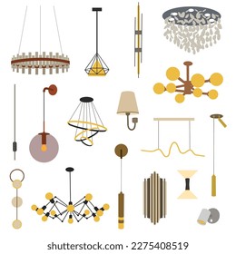 Big collection with chandeliers and lamps in flat  style isolated on white background. Chandeliers, illuminator, flashlight - elements of a modern interior concept. Vector