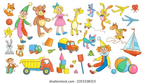 Big collection of children's toys for boys and girls. In cartoon style. Isolated on white background. Vector  illustration.