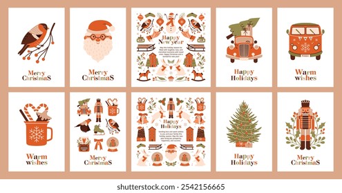 Big collection of Christmas cards with greetings, christmas tree, santa claus, nutcracker, winter landscape, vintage red car, sledge, socks, rabbits. Scandinavian ornament. Flat Style. Invitations.