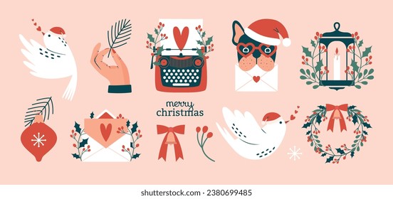 Big collection of christmas clip arts. Winter plants, holly berries, typewriter with letter, french bulldog in santa's hat, bird, wreath, lantern, new year tree decoration, pine branch. For cards