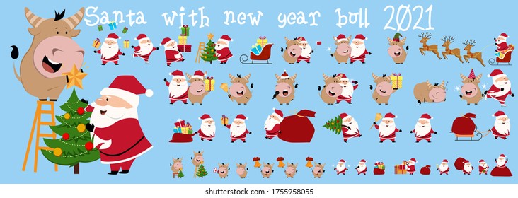 Big collection of Christmas Cute ox, cow, bull. 2021 Winter background with cow. Ox horoscope sign. Chinese year of ox 2021. Happy New Year. Concept image of symbol Chinese new year