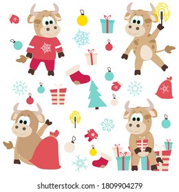 Big collection of Christmas Cute ox, cow, bull. 2021 Winter background with cow. Ox horoscope sign. Chinese year of ox 2021. Happy New Year. Concept image of symbol Chinese new year