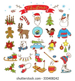 Big collection of Christmas doodles elements. Design set for winter holidays decoration. 