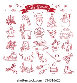 Big collection of Christmas doodles elements. Design set for winter holidays decoration. 