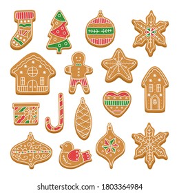 Big collection of Christmas gingerbread cookies, house, tree, heart, socks, man and ball with glaze for decoration. Set of homemade Xmas biscuits. Vector illustration isolated on white background. 