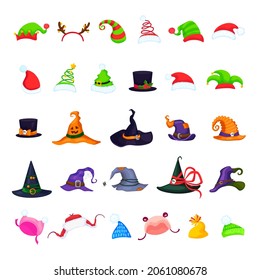 Big collection of Christmas, Halloween and winter hats. Vector illustration in cartoon style. All elements are isolated. Great for prints, decor and web design.