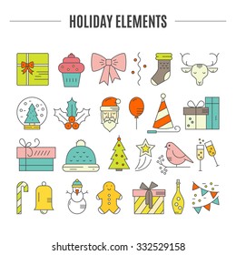 Big collection of Christmas icons. Colored Christmas symbols including snowman, Santa Claus, presents, Christmas tree. Vector icons.