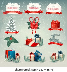 Big collection of Christmas icons and design elements. Vector illustration 