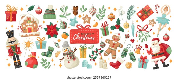 Big collection of Christmas, New Year and winter items. Festive symbols and design elements on  dark blue background. Hand-drawn style sticker pack. Vector elements for banner, card, postcard.