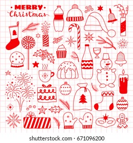Big collection of Christmas and New Year holiday doodle items isolated on graph paper background.