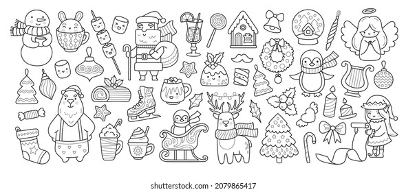 Big collection of christmas outline cartoon characters and elements for coloring book. Santa Claus, xmas elf, cherub, snowman, candle, holly and holiday decorations. Vector isolated illustration.