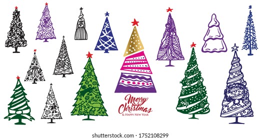 Big collection of Christmas tree design set. Hand drawn illustrations. Usable for banners, greeting cards, gifts and decoration etc.