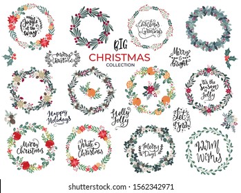 Big collection of Christmas wreaths, florals and lettering typography greetings for Merry Christmas and Winter holidays products, banners, invitations, templates in hand drawn scandinavian style