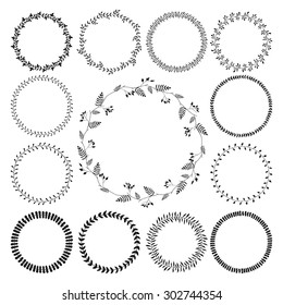 Big collection of circle cute hand drawn floral frames, borders isolated on the white background with copyspace for your own text. Romantic wreaths. Can be used for invitation, RSVP and other cards