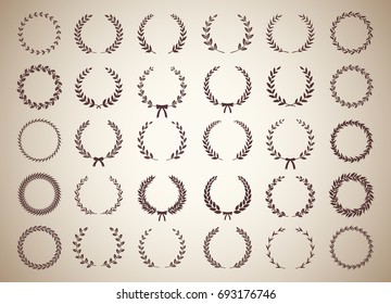  Big collection of circular vintage laurel wreaths. Can be used as design elements in heraldry on an award certificate manuscript and to symbolise victory illustration in silhouette