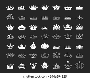 Big collection of classic royal kings and queens crown silhouettes and outlines. Imperial heraldic symbols. Exclusive premium branding elements.