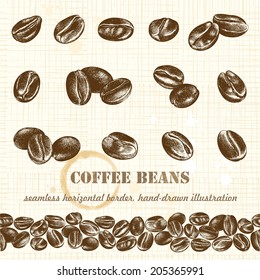 Big collection of coffee beans and horizontal seamless border, hand-drawn illustration.