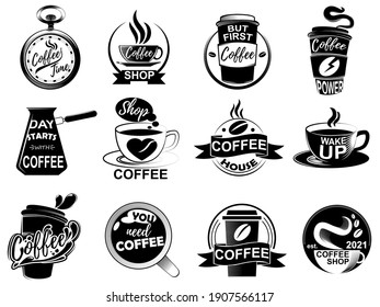 Big collection of coffee logos icons isolated on white background. Different designs of icons for the menu in the coffee shop. Vector illustration