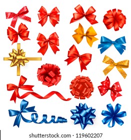 Big collection of color gift bows with ribbons. Vector illustration.