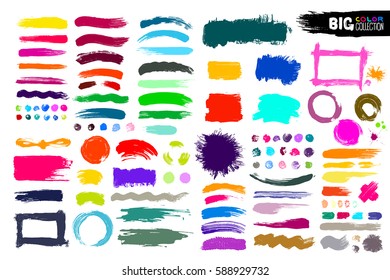 Big collection of color paint, ink brush strokes, brushes, lines. Dirty artistic design elements, boxes, frames. Vector illustration. Isolated on white background. Freehand drawing.