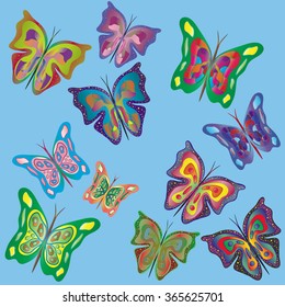 Big collection of colorful bright butterflies
