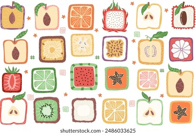 Big collection of colorful hand drawn square fruits. Set of creative vector exotic fruits and berries for summer prints, T-shirts, postcard, flyer and other graphic design. Modern and fresh aesthetic.