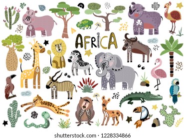 Big collection of colorful isolated elements - African wild animals, cacti, plants and birds, on white background, hand drawing plus flat, vector illustration