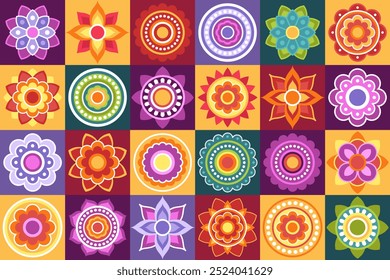 Grande coleção de mandalas coloridas. Padrão contínuo. Mandala étnica simétrica, padrão oriental. Mandalas indianas ou árabes. Festival de Diwali. Tecido, papel de embrulho.