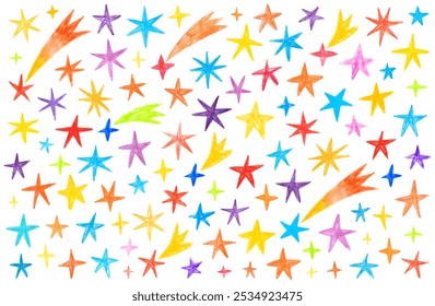 Big collection of colorful stars and comets. Colorful hand drawn elements. Doodle drawing by hand with colored pencils. Drawings with crayon. 