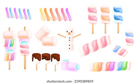 Big collection of colorful sweet marshmallows. Tasty zephyr candies. Vector illustration isolated on white background.